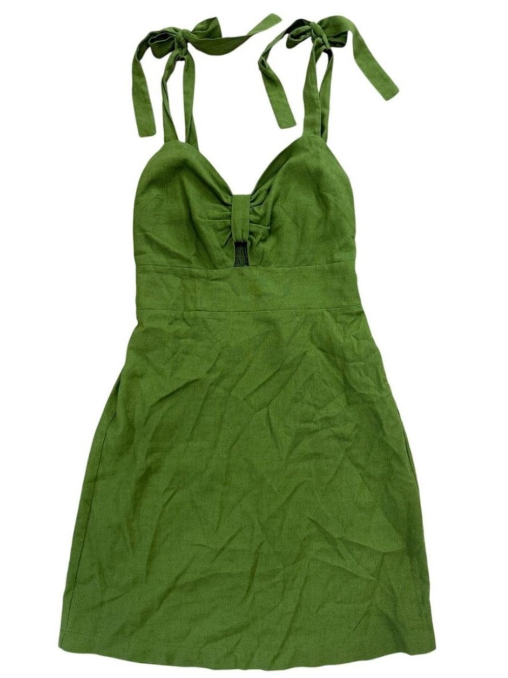 Monteau Olive Green Tie Strap Bow Mini Dress Cutout Keyhole Linen Rayon Size XS
